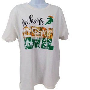 Women's Green Bay Packer  White Glitzy Sparkly  Tee Sz L